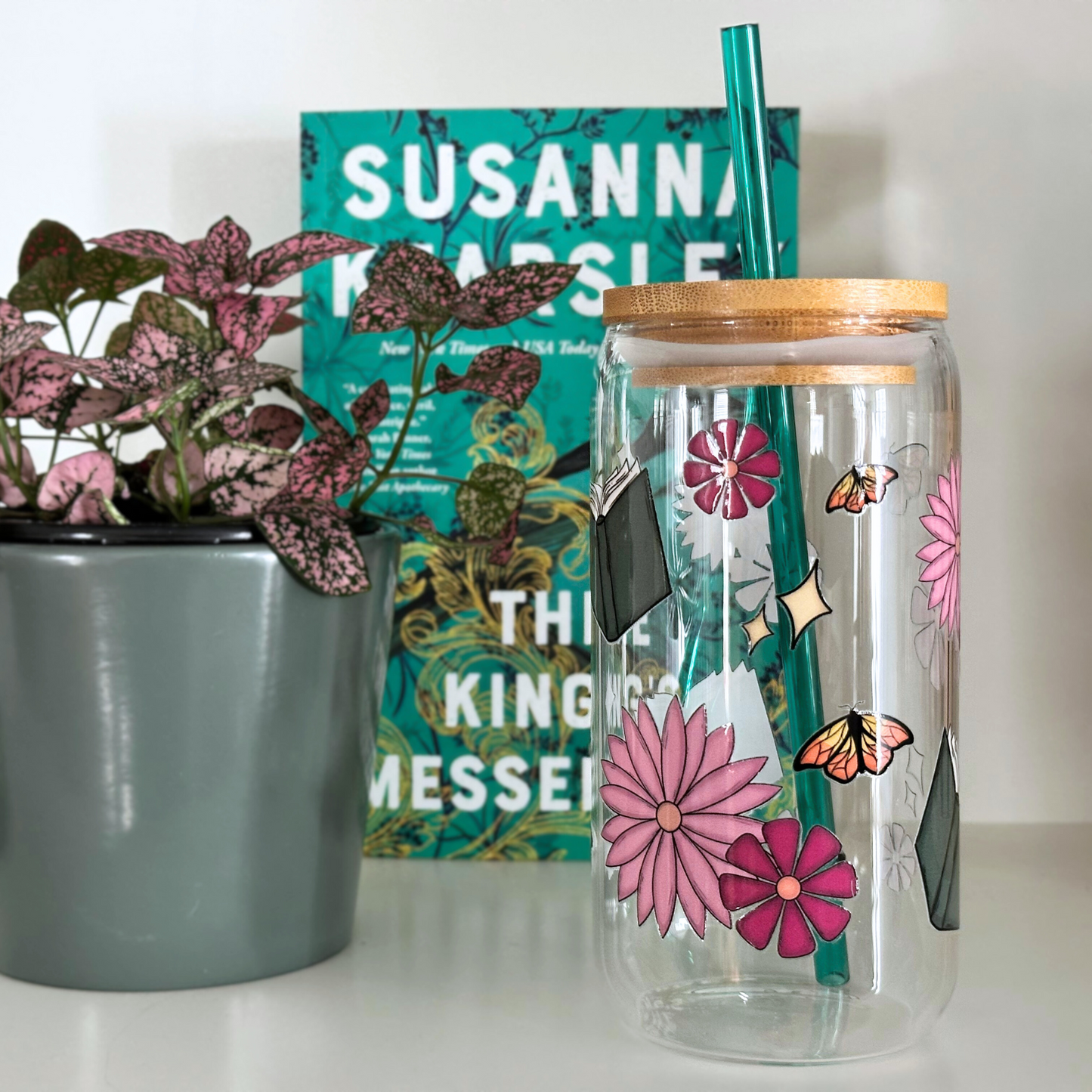 Magical Blooms & Books Glass Can