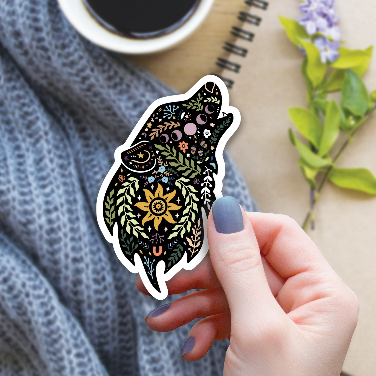 Magical Boho Howling Wolf Sticker, 3-inch